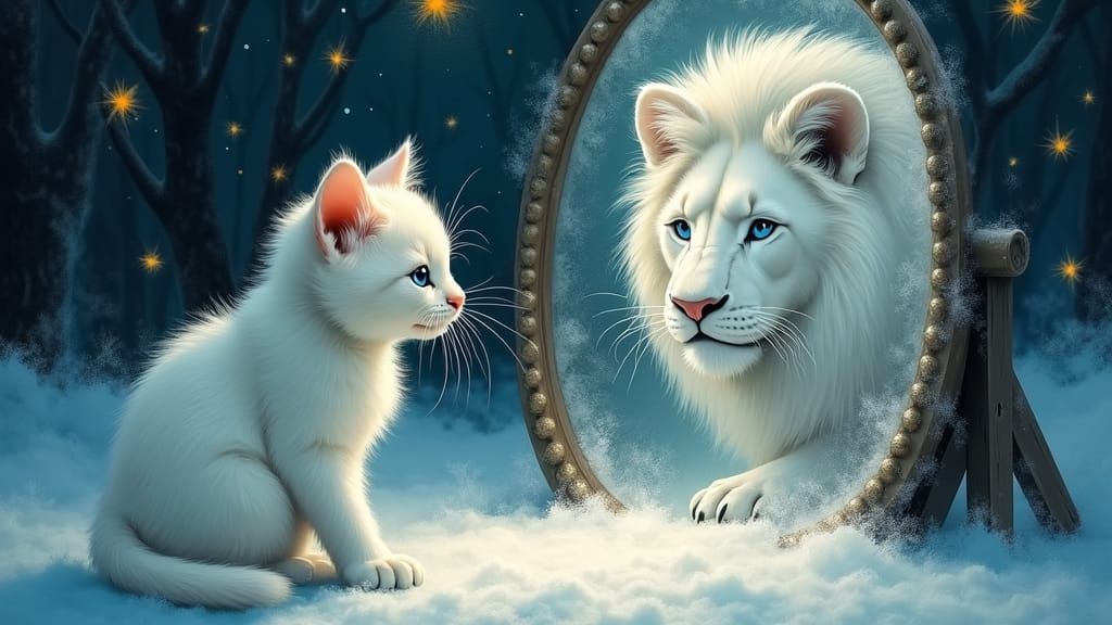 Majestic Reflection: Cat and Lion in Dreamy Nightscape