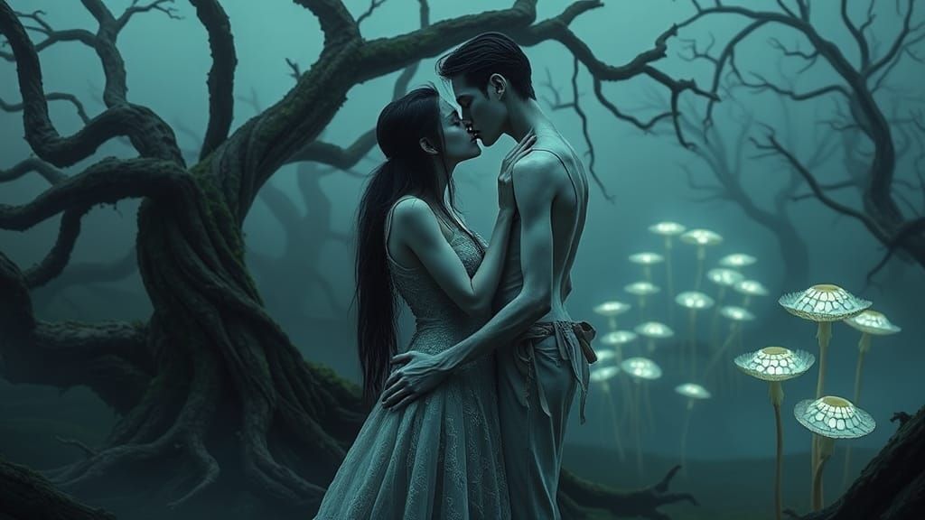 Ethereal Couple's Farewell Kiss in Dreamlike Landscape