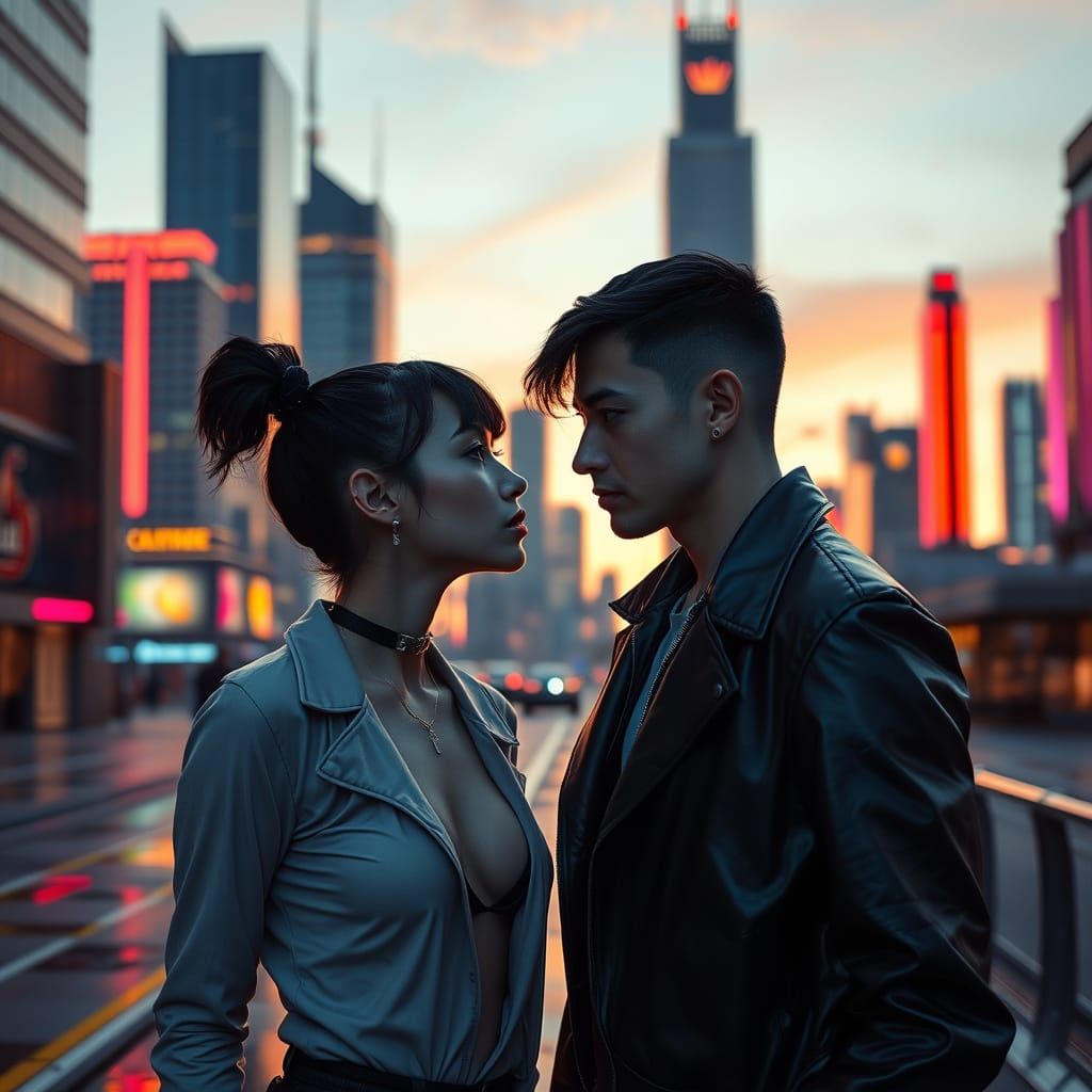 Futuristic Lovers Lost in Thought Amidst Neon Cityscape