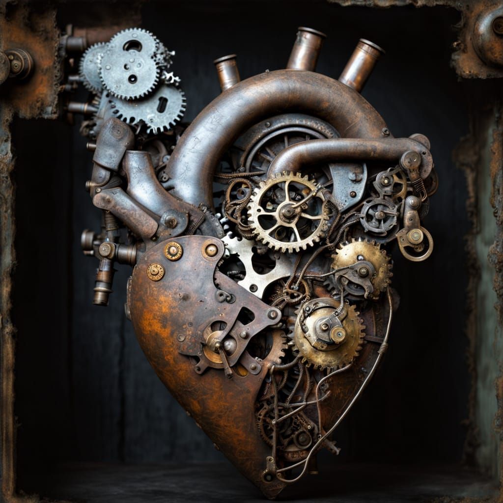 Steampunk Mechanical Heart Broken, Ghostly Figure Revives