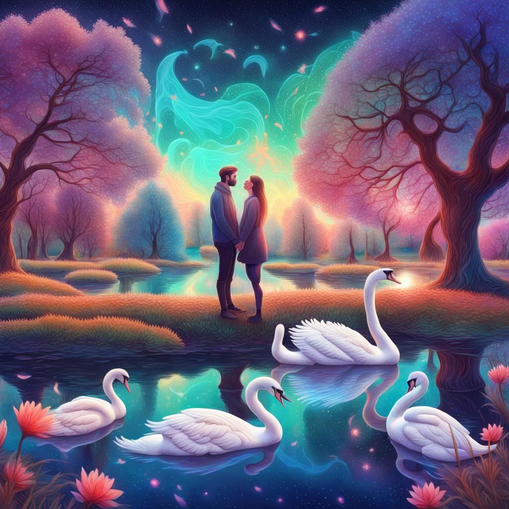 Couple Falling in Love: Cosmic Holographic Illustration