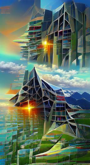 Futuristic Building in Cyberpunk Golden Hour Landscape