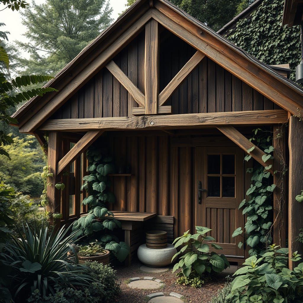 Rustic Timber Frame Woodshed in a Lush, Overgrown Garden