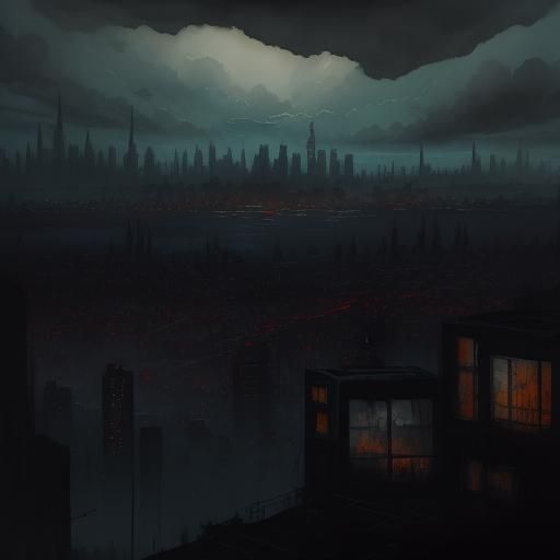 Dystopian Cityscape Gouache Painting with Dark Clouds