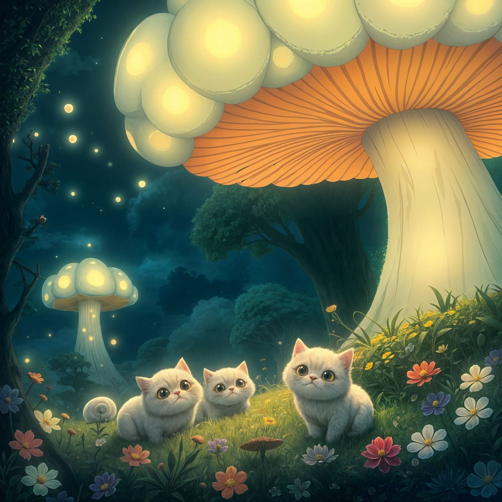 Whimsical Cloud Cats Play in Enchanted Forest, Ghibli-Inspir...