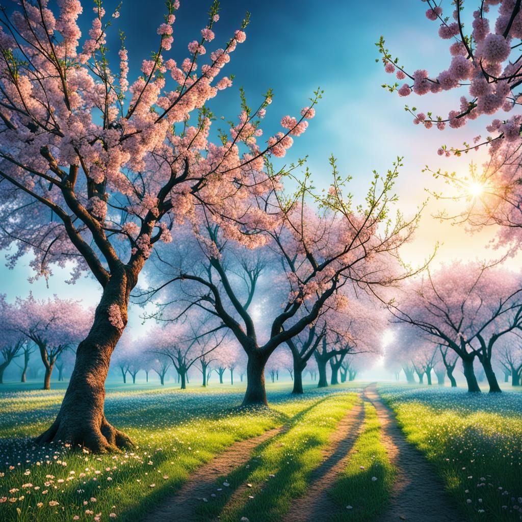 Cherry Trees in Bloom: Hyperrealistic Digital Landscape