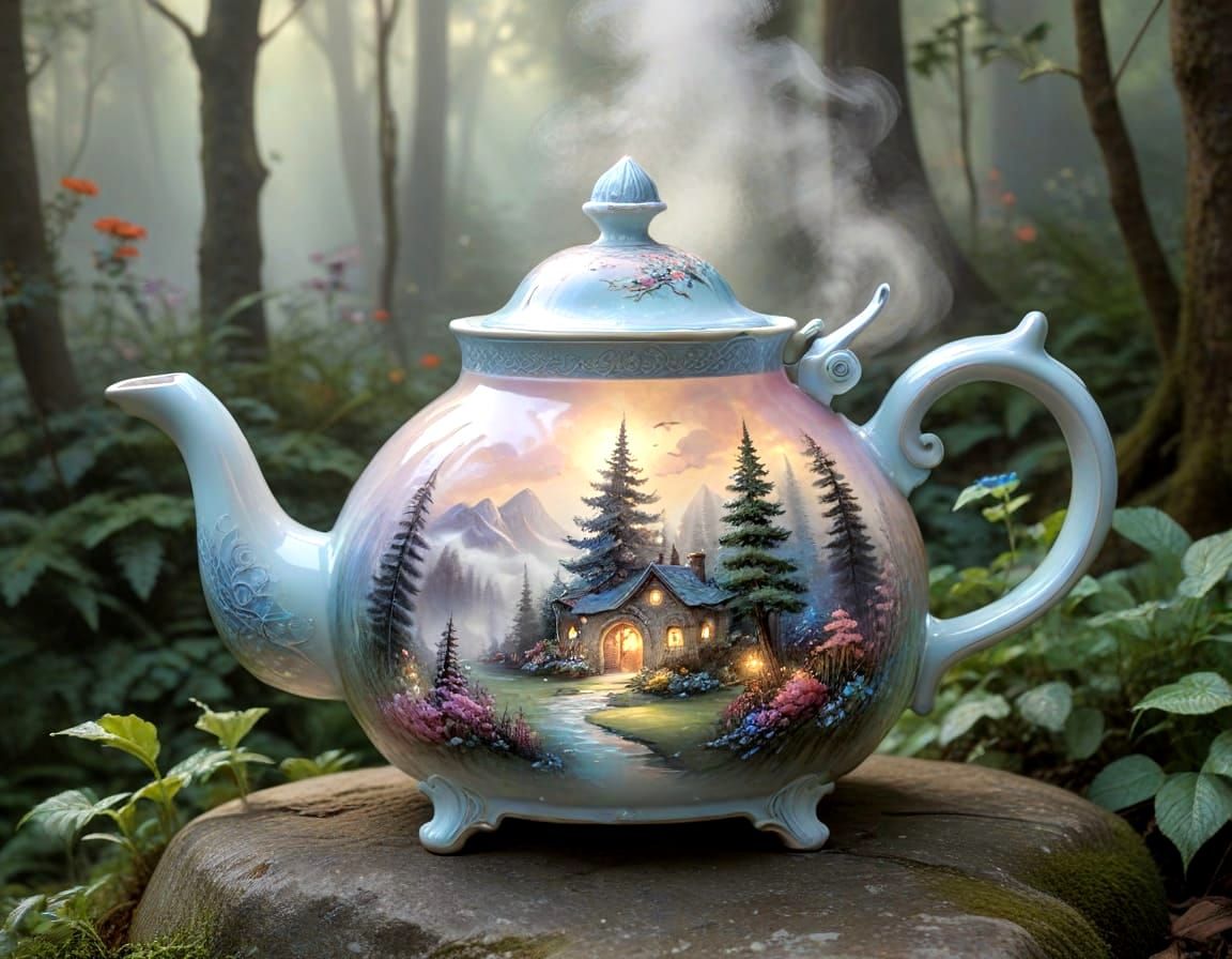 Ethereal Teapots Glow on Forest Stone in Watercolour