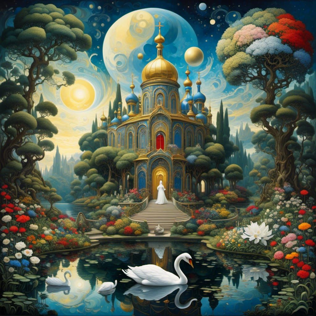 Cosmic Church with Swans in Surreal Mindscape