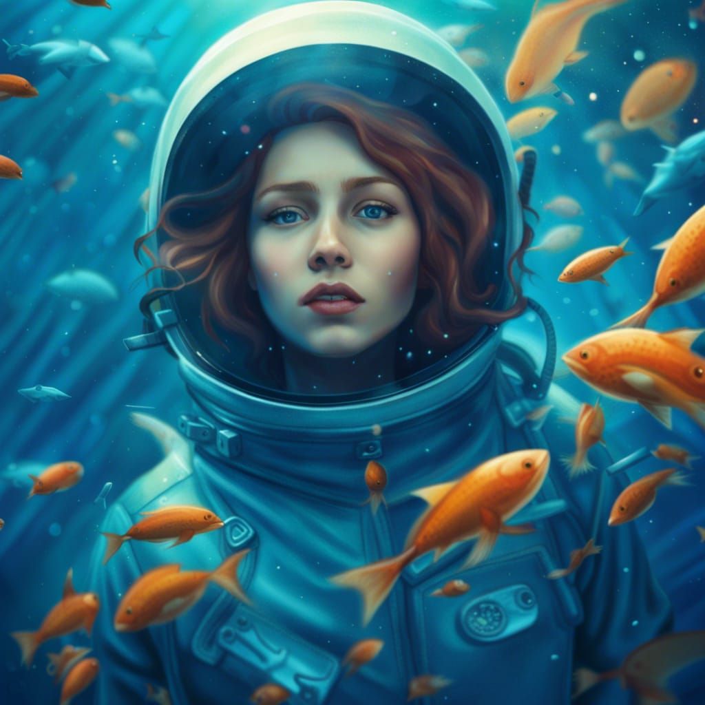 Astronaut Floating Underwater with Space Nebula
