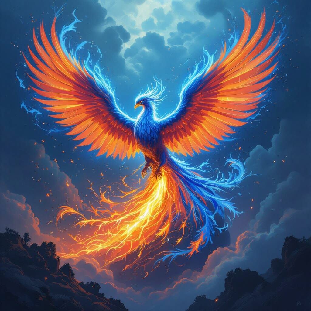 Blue Fire Phoenix Engulfs Earth in Digital Art Style