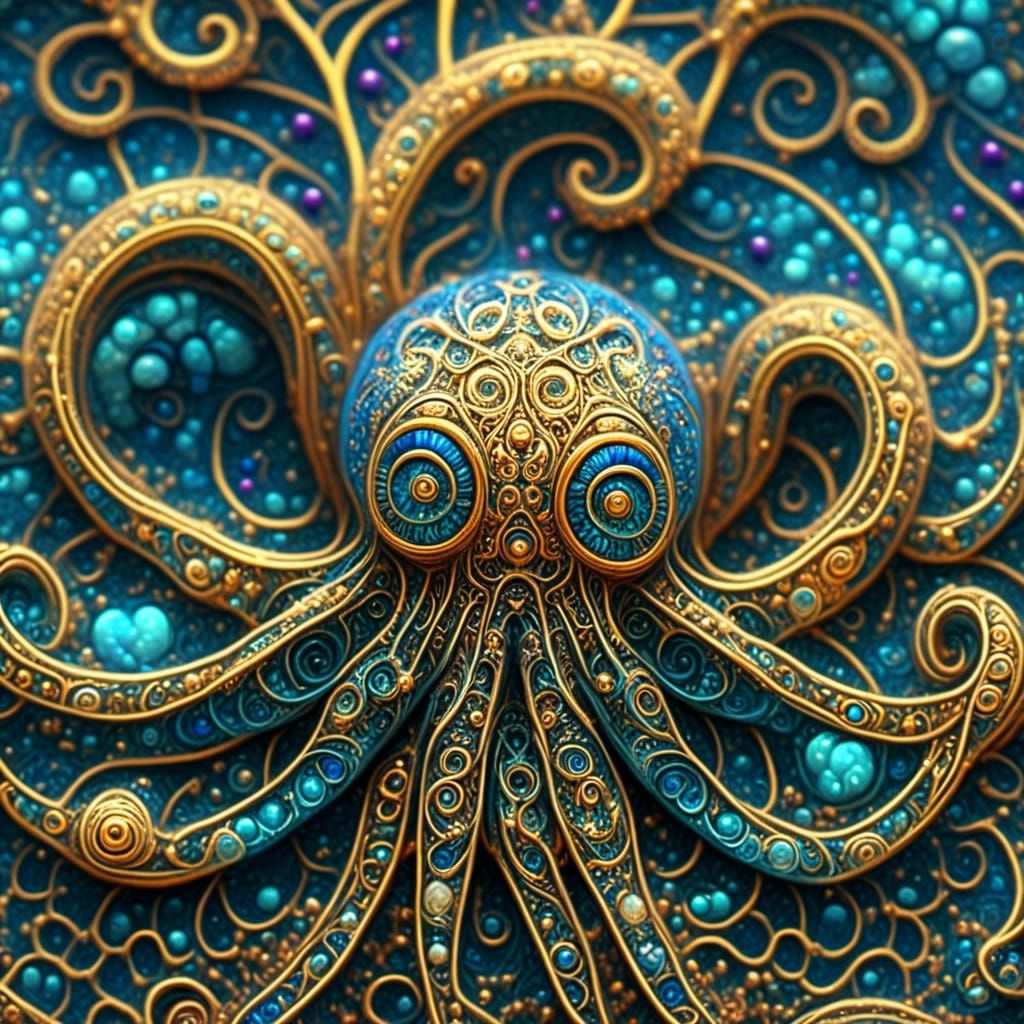Golden Wire Octopus Fractal Art in Mandalic Style