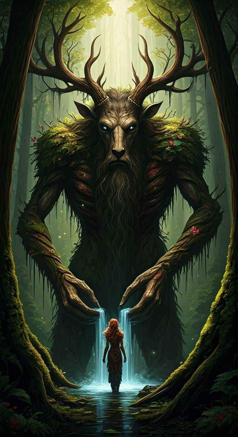 Colossal Cernunnos with Celtic Maiden in Forest