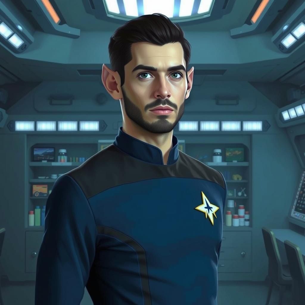 Vulcan in Starfleet Uniform in Futuristic Lab