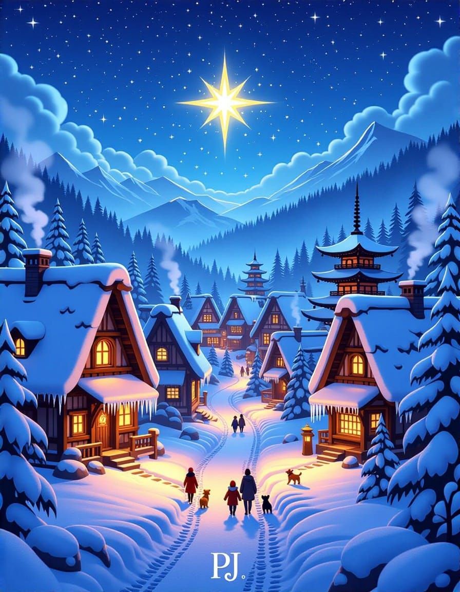 Cozy Fantasy Village Under Starry Ocean Sky