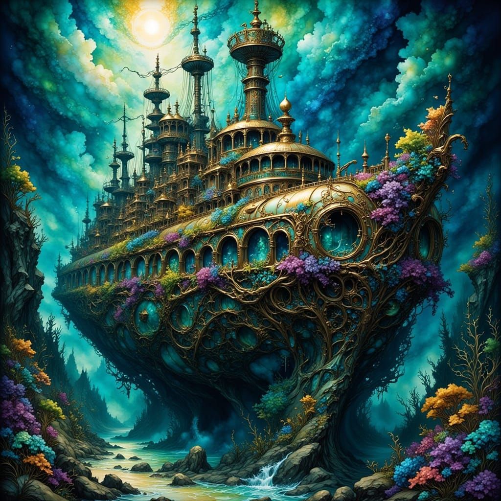 Epic Undersea Shipwreck in Fantasy Ink Flux Style