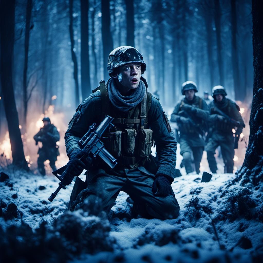 Boy Cries on Battlefield with Troops in Snowy Forest