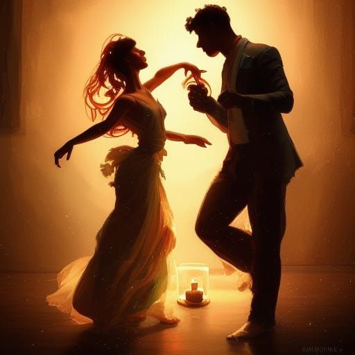 Romantic Couple Dancing by Candlelight, Art Nouveau Style