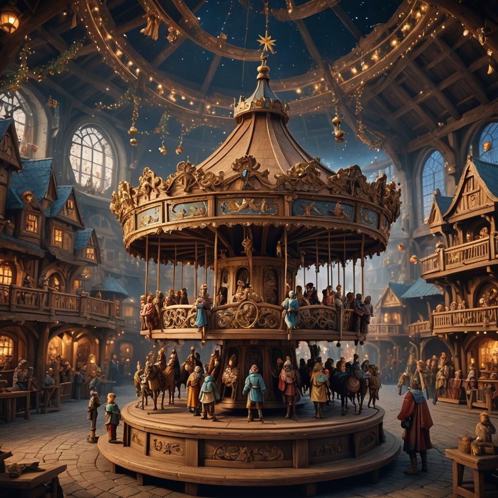 German Carousel with Nativity Figures, Detailed Painting