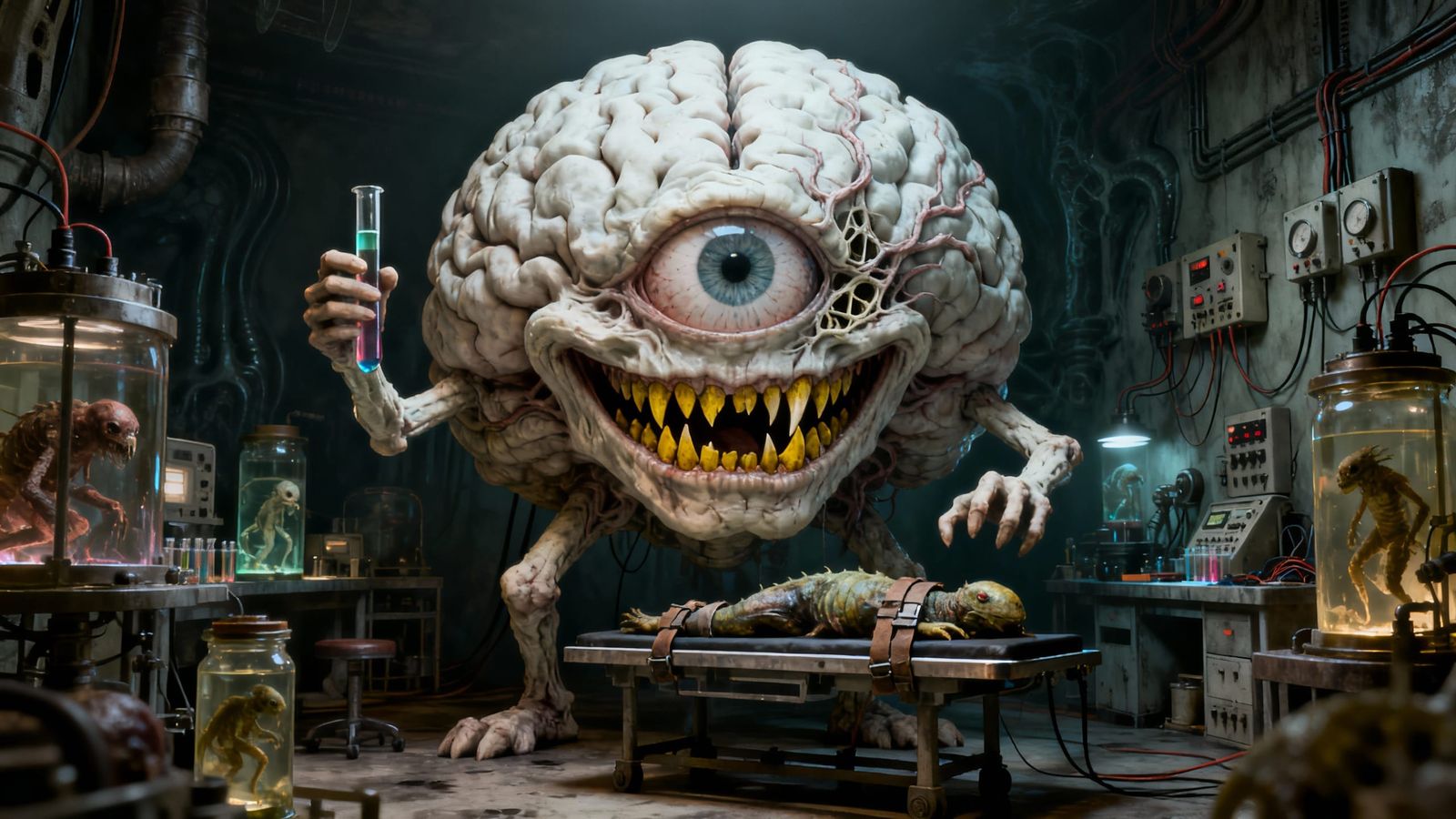 Evil Brain Creature in Dark Fantasy Laboratory
