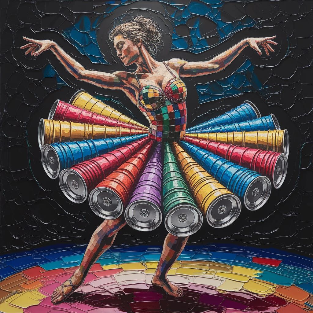 Surreal Dancer in Tin Can Dress, Impasto Painting