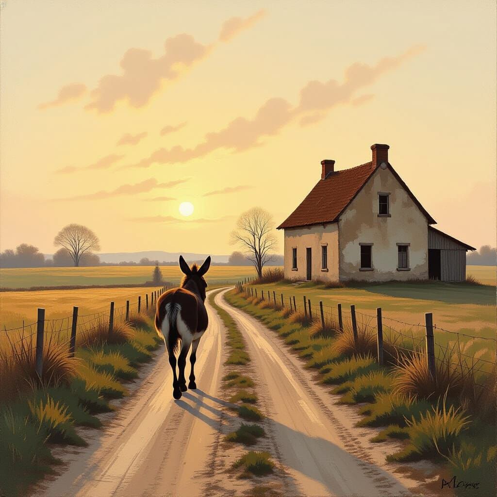 Painterly Donkey Leads to Dilapidated Farmhouse at Golden Ho...
