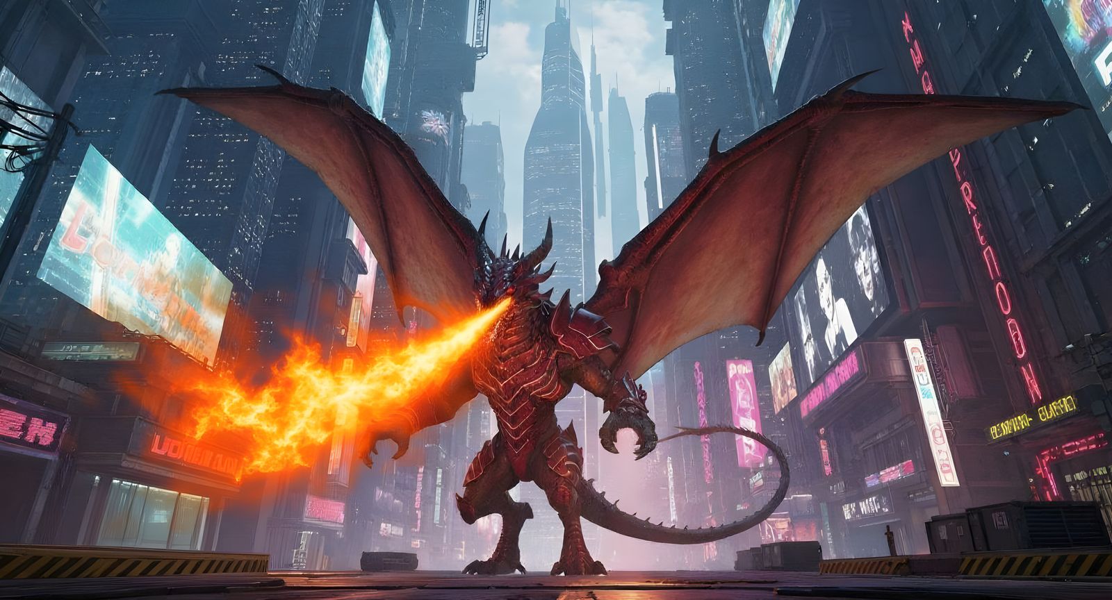 Cyberpunk Dragon Breathes Ferrari-Red Fire
