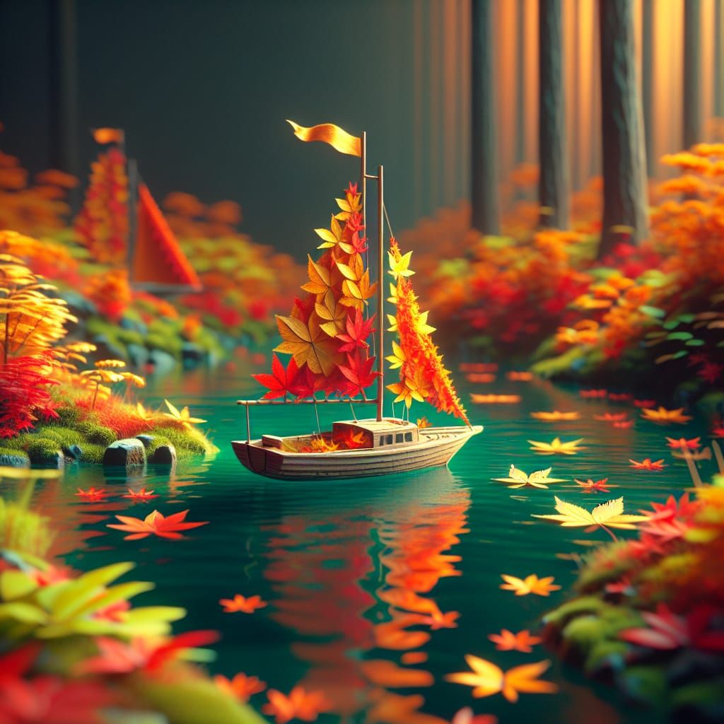 Autumn Leaf Sailboat on Tranquil Pond