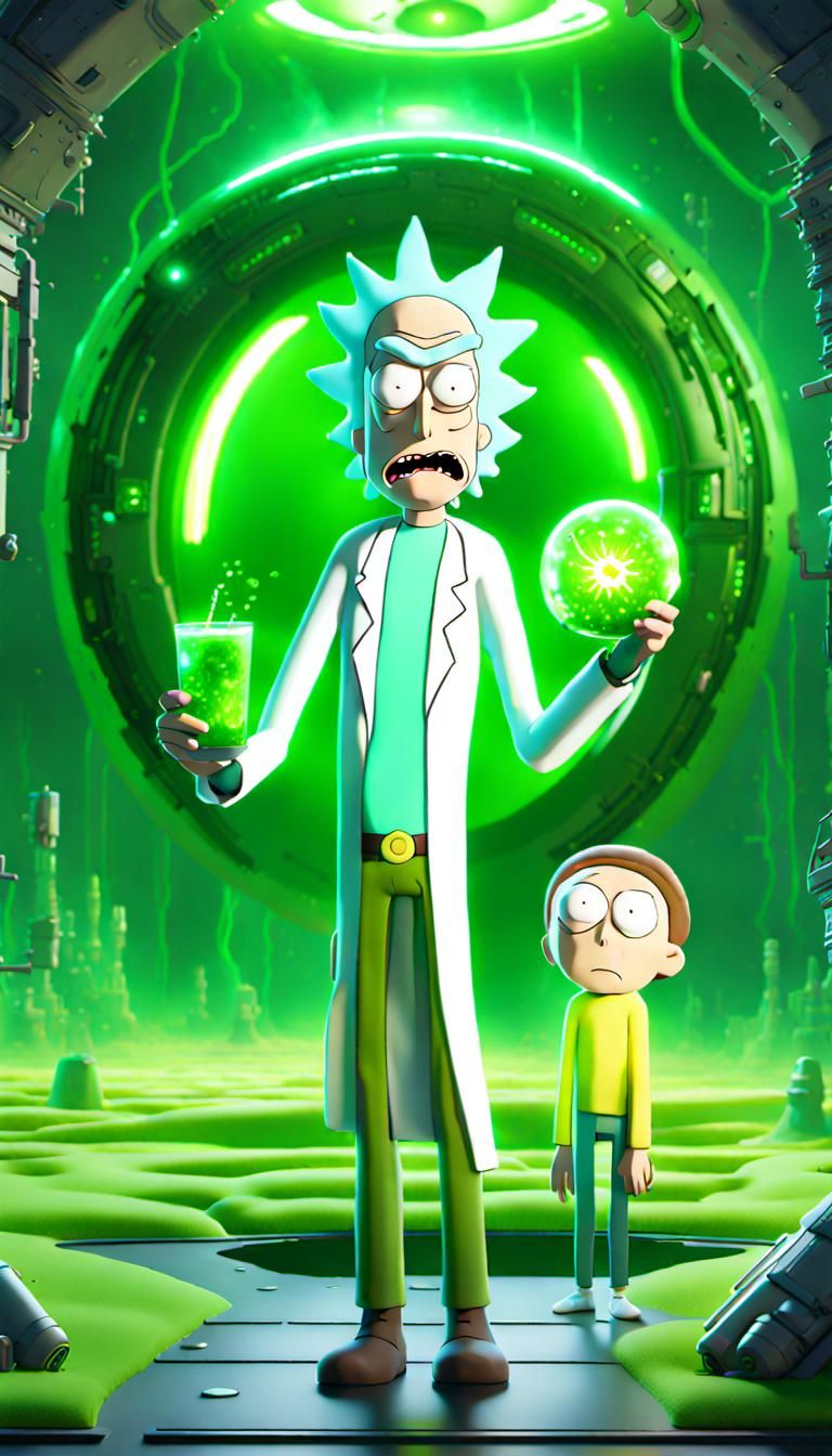 Rick and Morty Near Green Portal in 3D Art