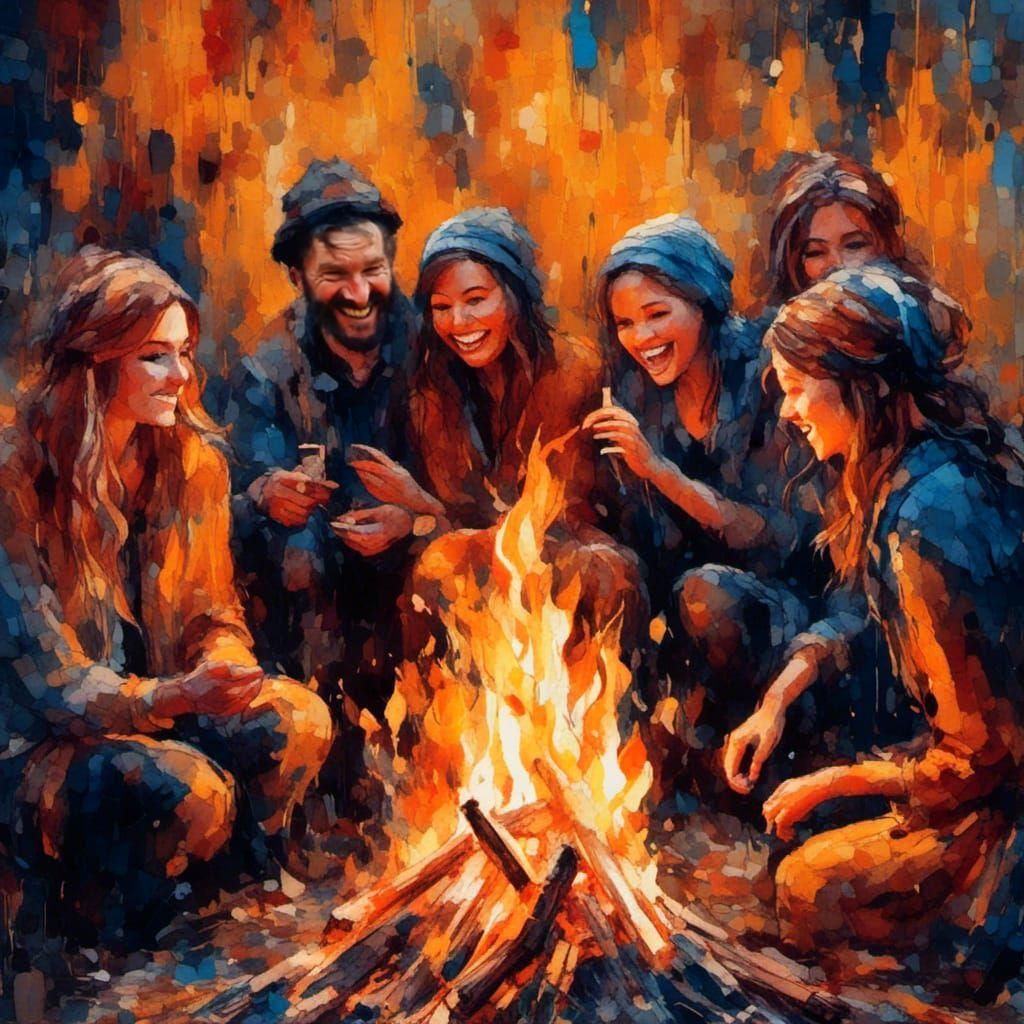 Friends Singing Around Campfire in Gouache Style