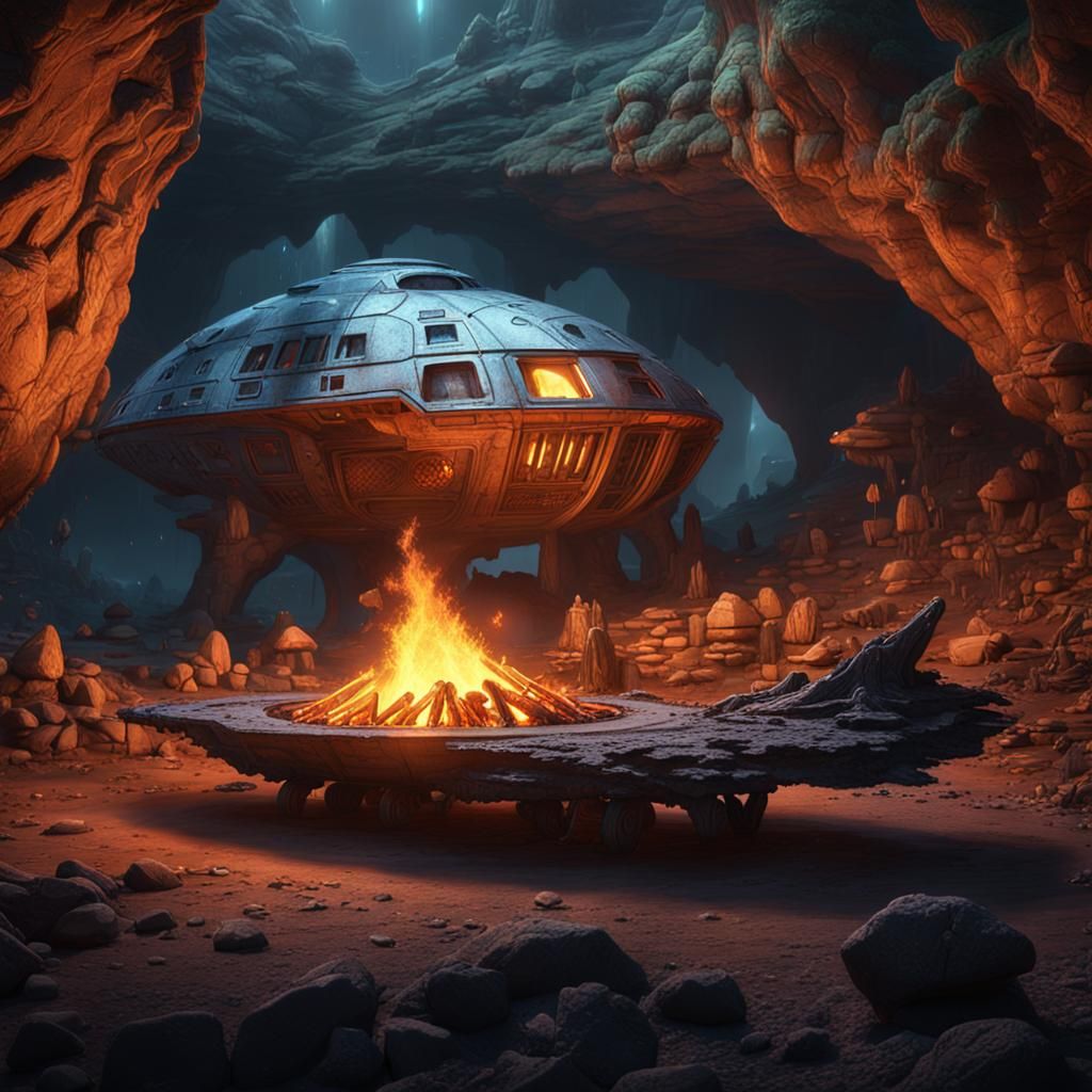 Spaceship and Caveman: A Fantasy Concept Art