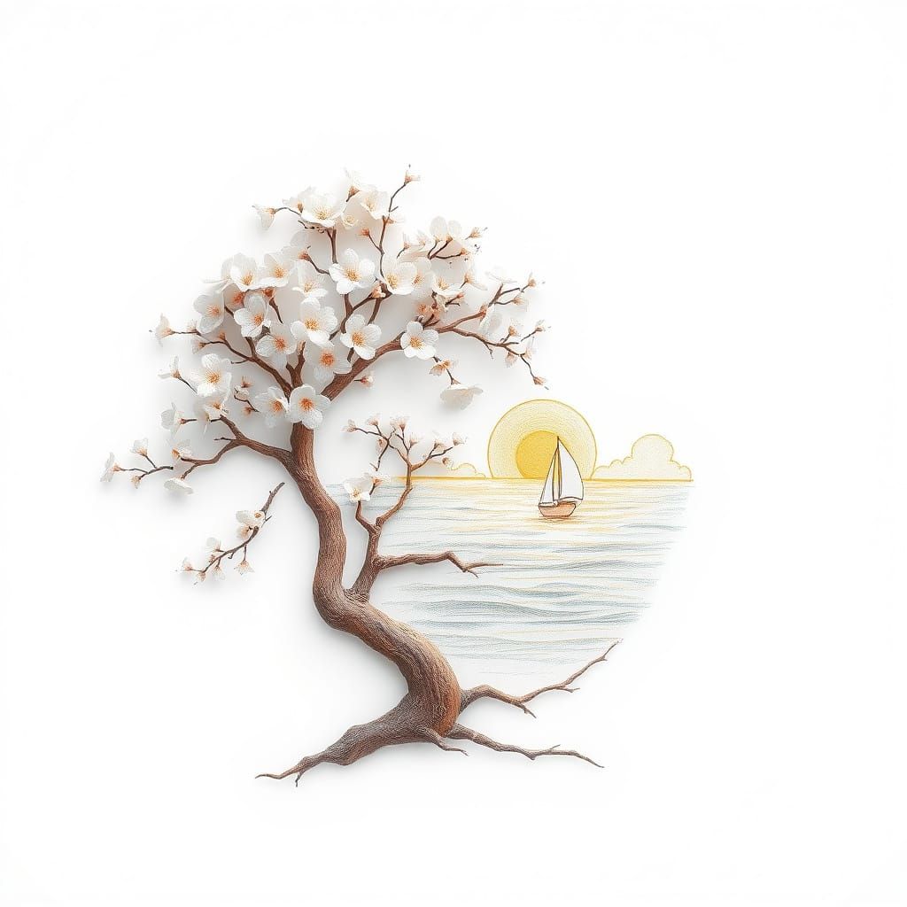 Minimalist Sunrise Seascape with Sailboat, Pastel Colors