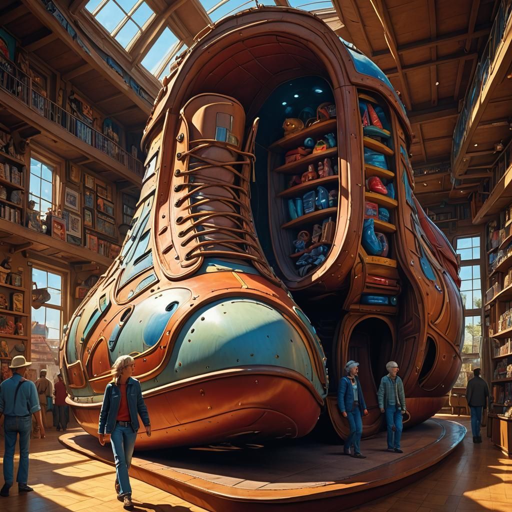 Walking Inside a Giant Shoe in Moebius Style