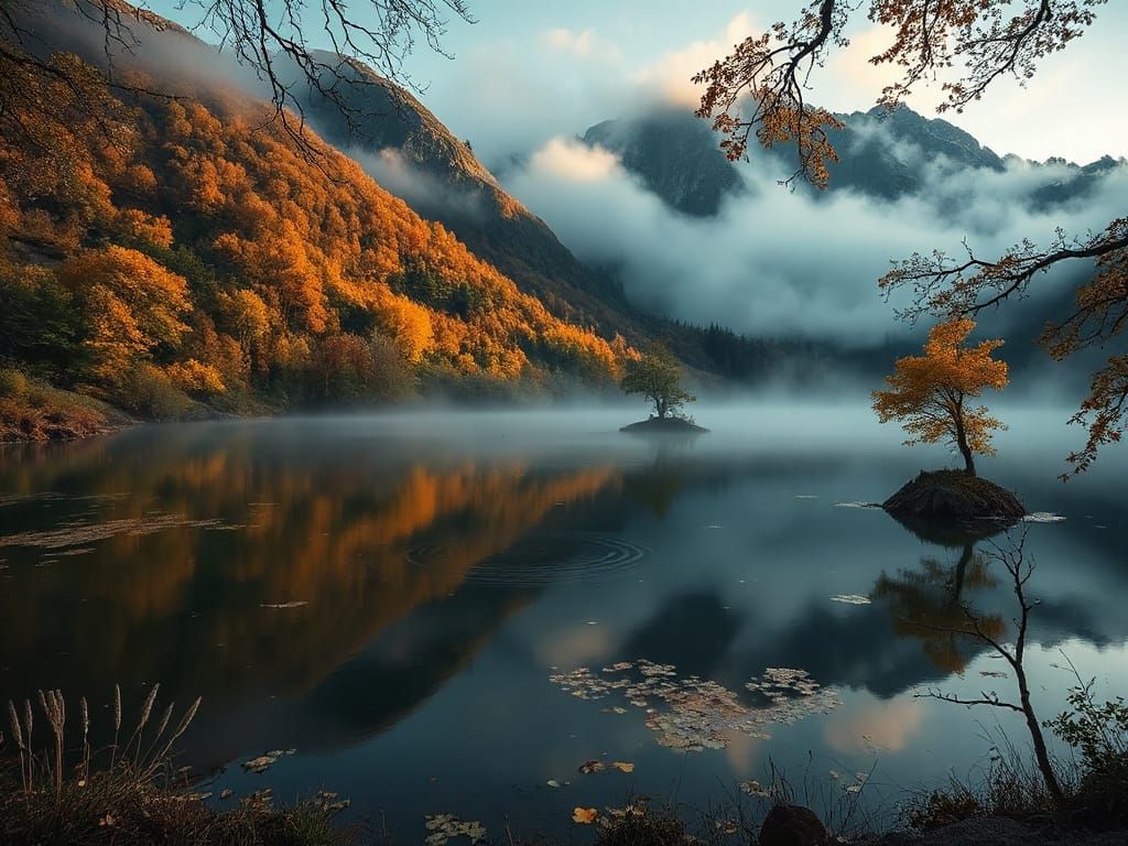 Serene Mountain Pond in Autumn Mist