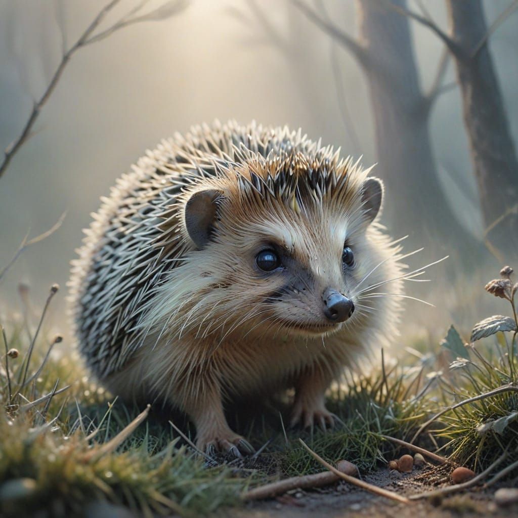 Hedgehog in Fog: Soft Pencil Drawing in Watercolor Style