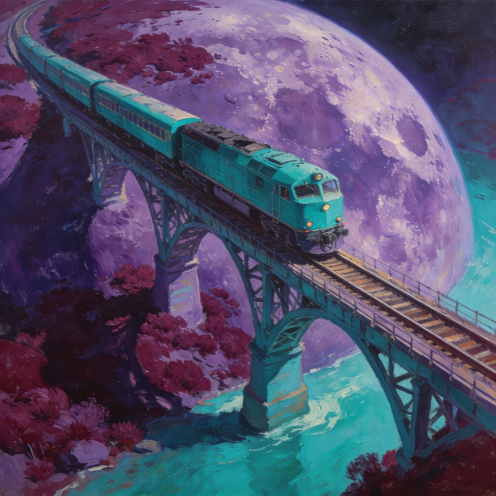 Teal Train Crosses Purple Planet Bridge