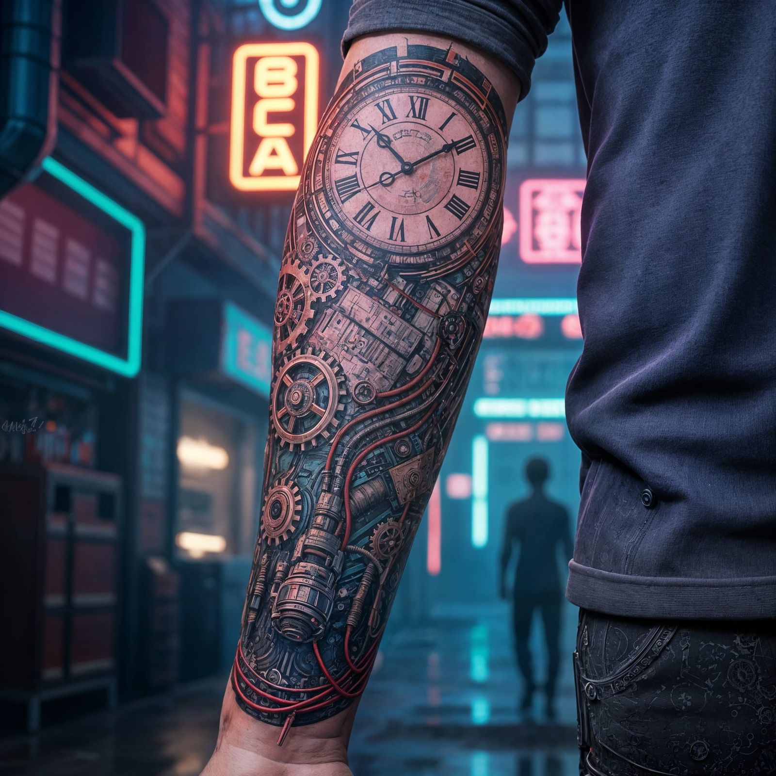 Cyberpunk Clock Tattoo with Intricate Industrial Design