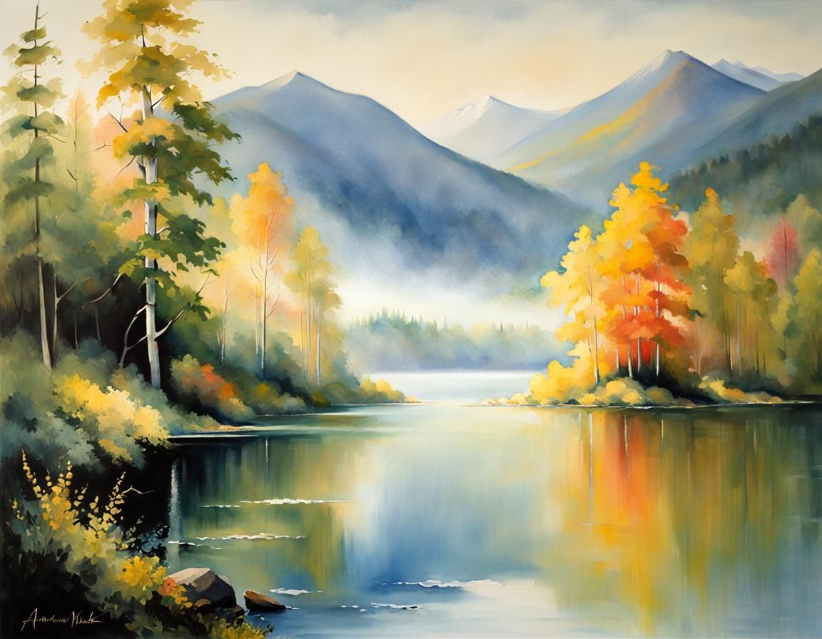 Misty Lake Sunrise in Watercolor Style