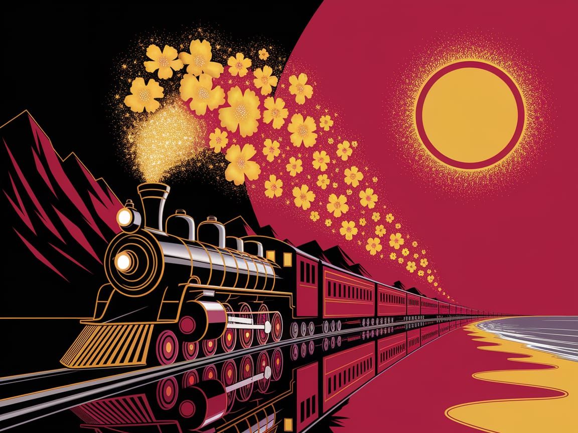 Fantastical Train with Golden Flower Steam on Reflective Bea...