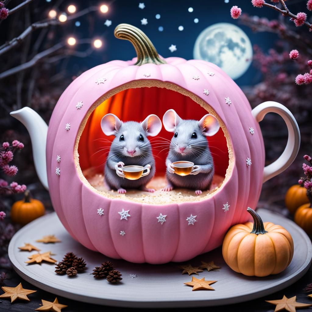 Mice Tea Party in Pink Pumpkin, Watercolor Style