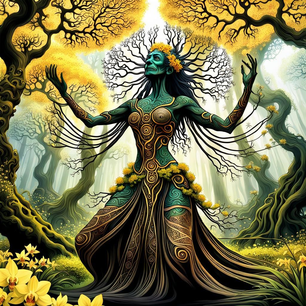 Crone Witch Dancing in Enchanted Forest