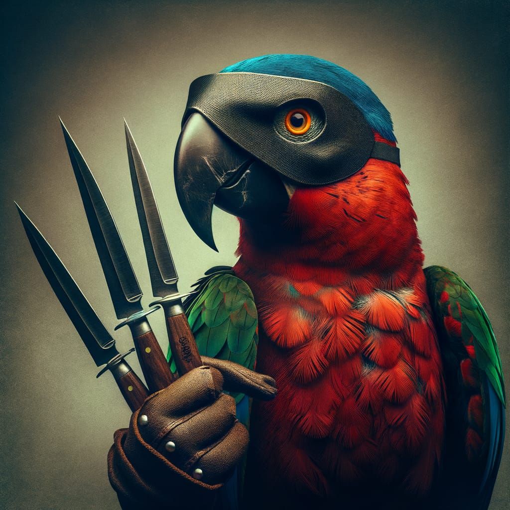 Humorous Avian Villain: Parrot with Knives