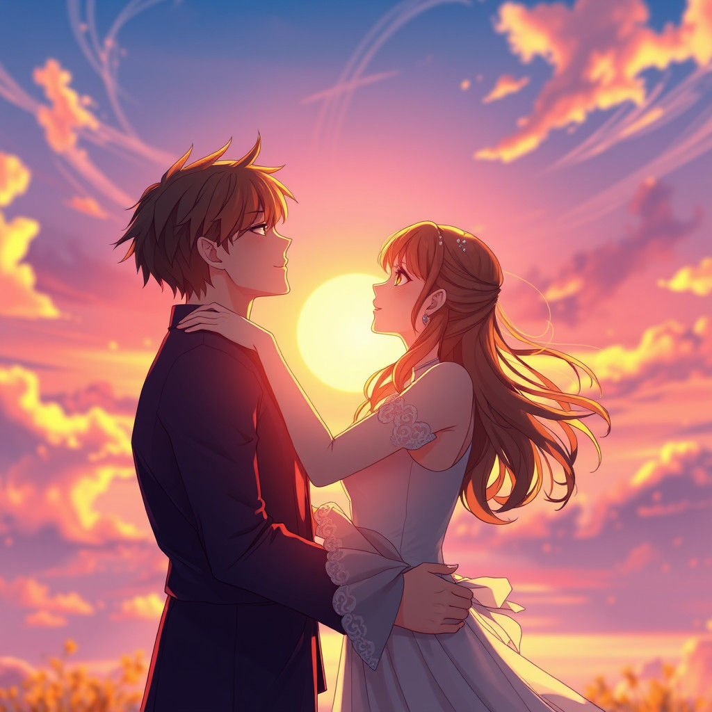 Romantic Couple Embrace at Sunset: 3D Anime Art