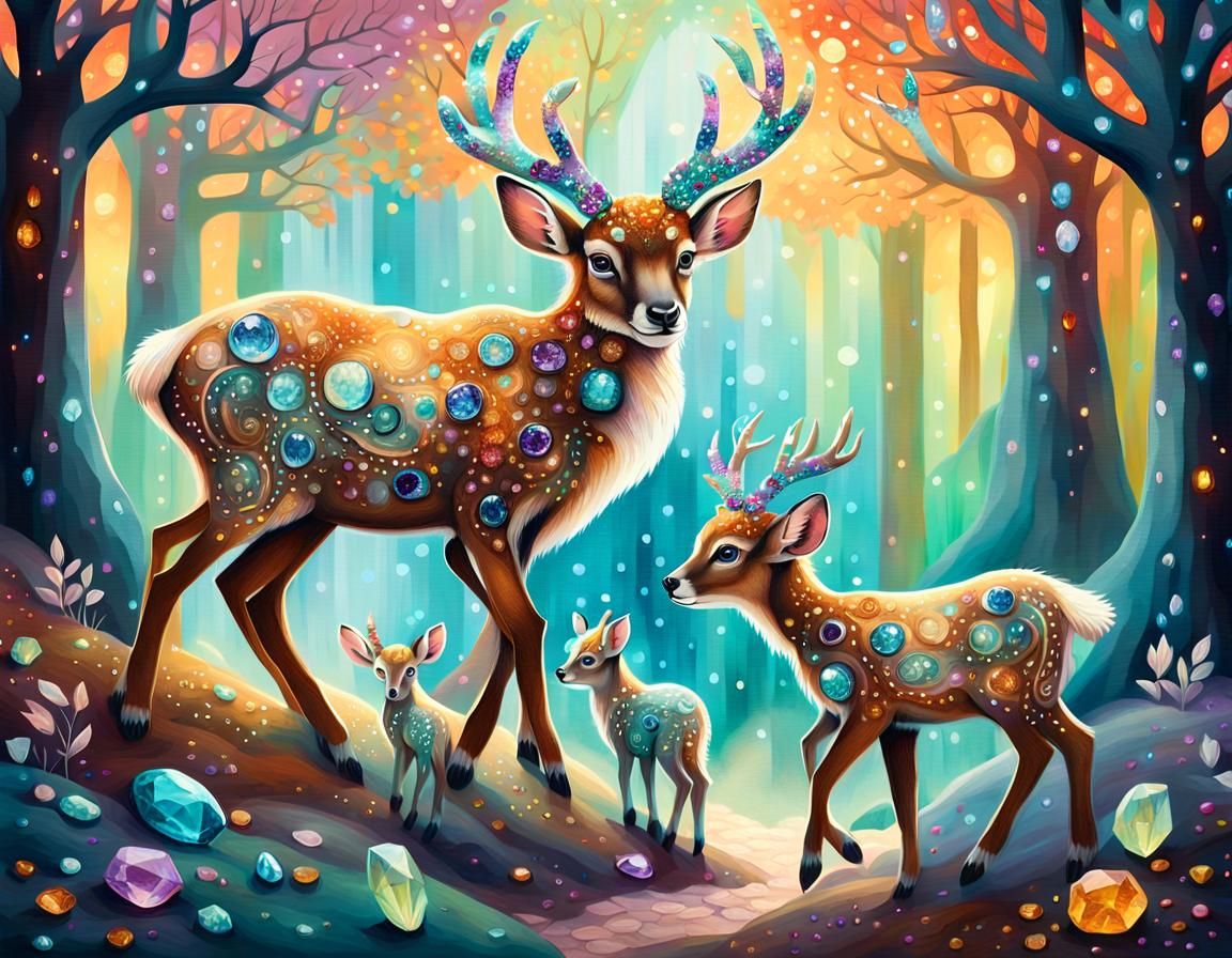 Gemstone Fauns in Mystical Forest, Oil Painting
