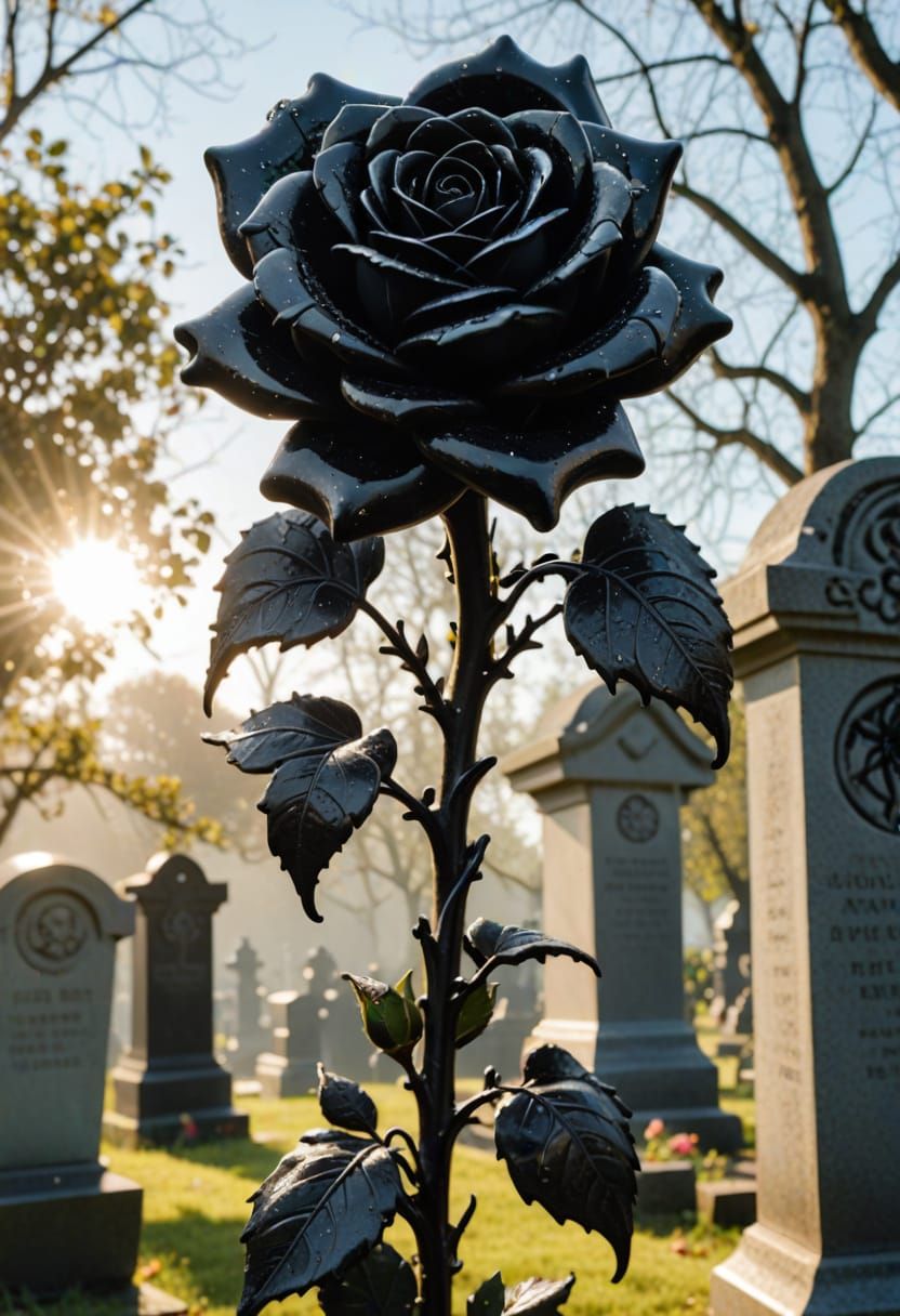 Ethereal Black Rose Blooms on Ancient Headstone Amidst Sunli...