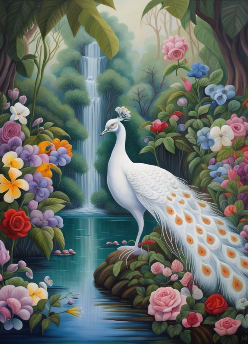 Fantasy Oil Painting: White Peacock in Tropical Forest