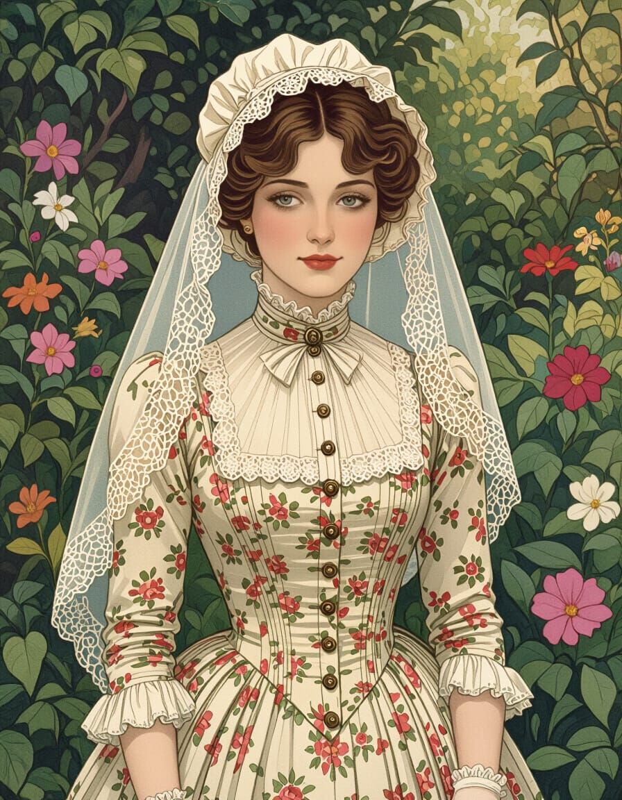 Victorian Woman in Botanic Garden, Illustration Style