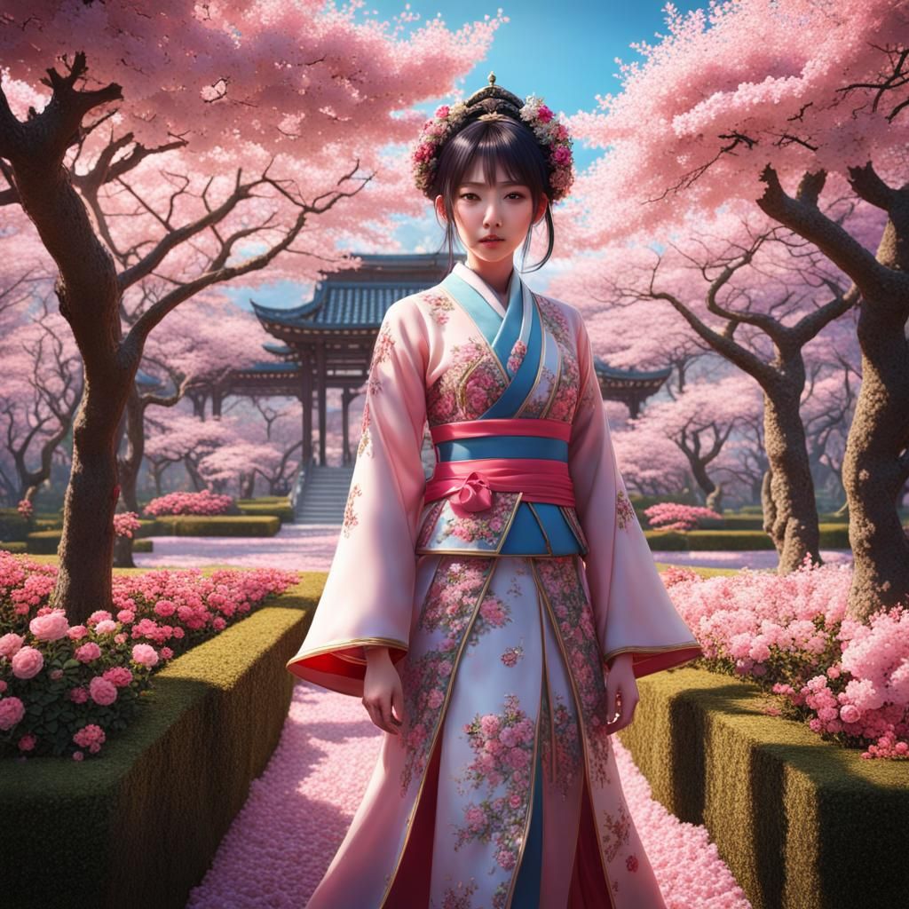 Japanese Princess in Sakura and Rose Garden