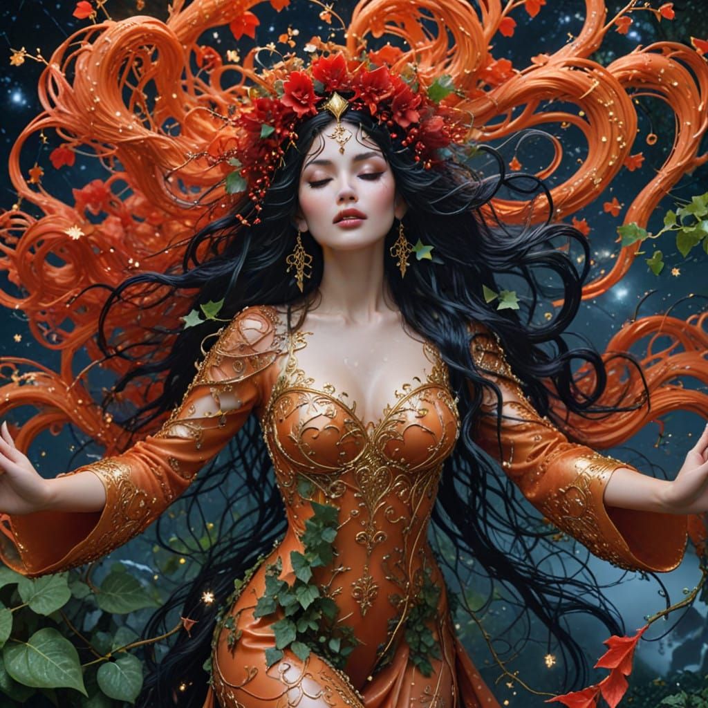 Mysterious Goddess in Stormy Nighttime Scene with Intricate....