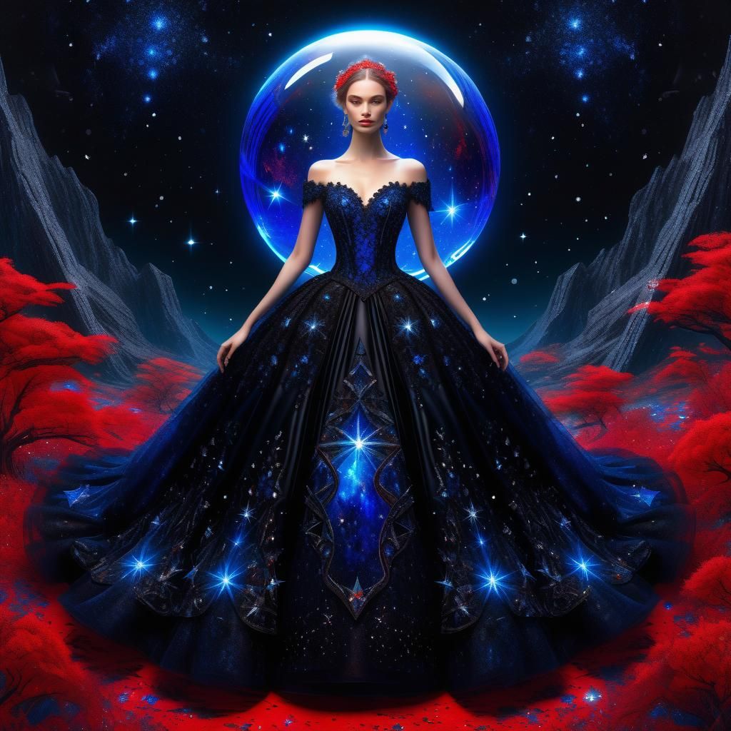 Sapphire Stars and Red Lace Gown in Black Sky