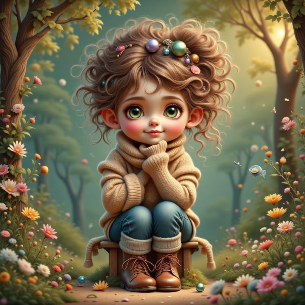 Whimsical Girl in Bohemian Style with Messy Hair